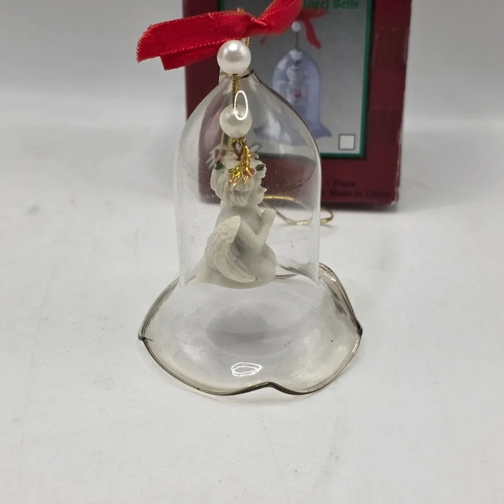 Price Angel Bell Ornament Clear Glass White Cherub 1996 Holiday Vintage 7361 Red